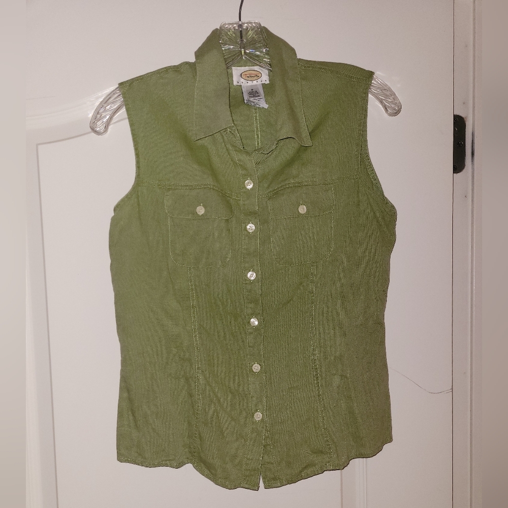 Talbots Green Cotton Button-up Sleeveless Shirt